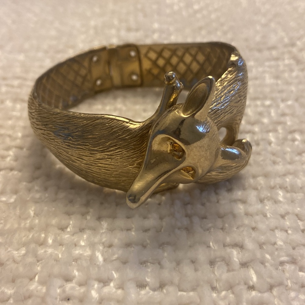 Vintage Castlecliff Fox Cuff Bracelet Gold-toned Hinged Intricate Fox Design